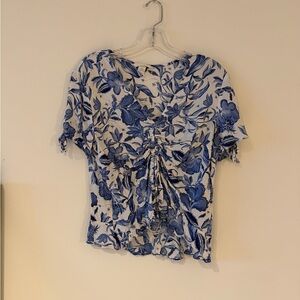 H&M White and Blue Floral Ruched V-Neck Blouse